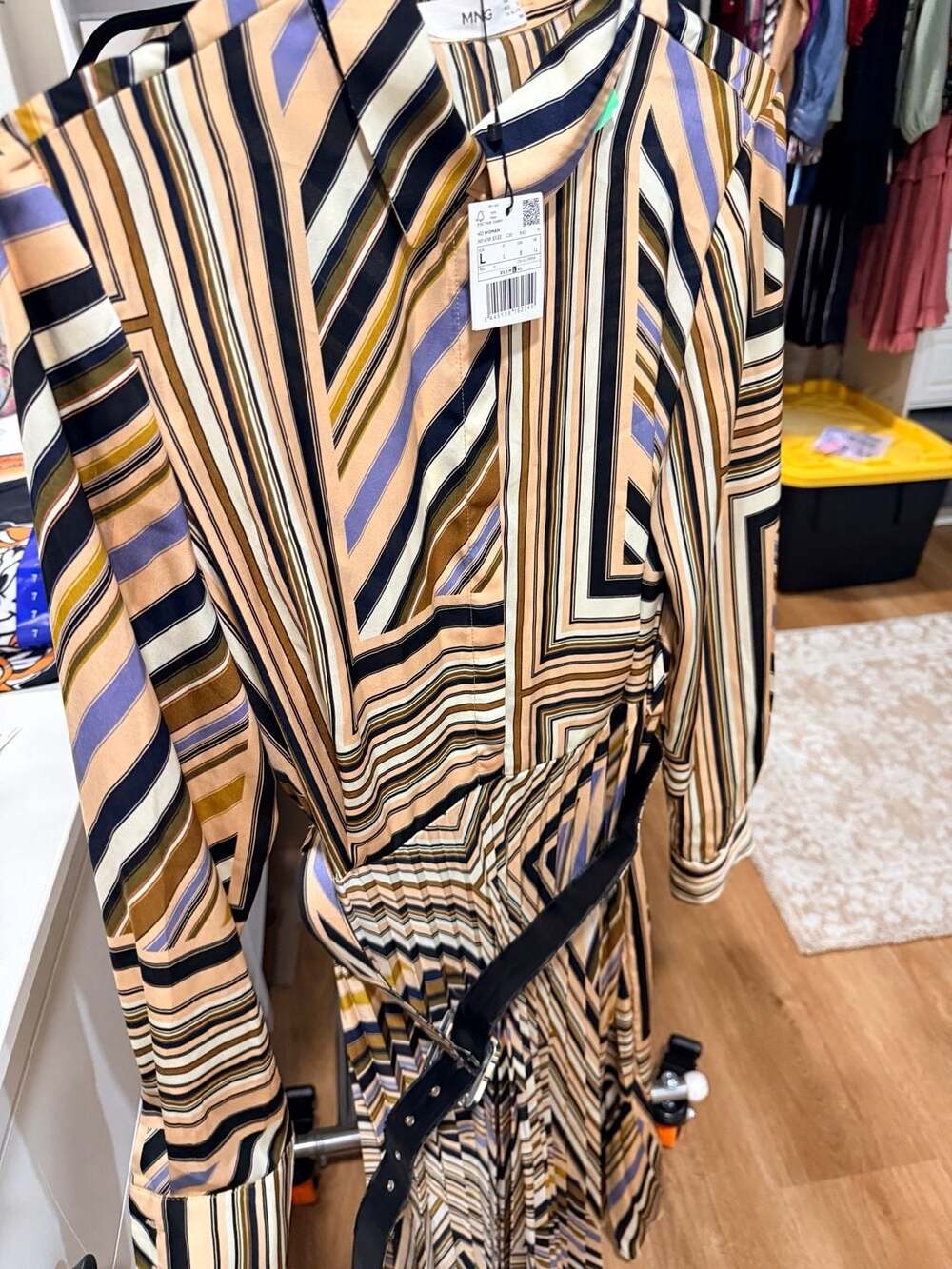Mango Multi-Color Geometric Striped Pleated Midi Dress with Belt
